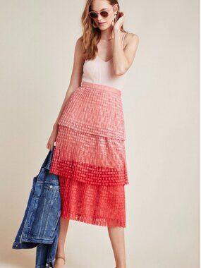 Maeve Anthropologie Brighton Tiered Red & Pink Ombré Lace Skirt size 8